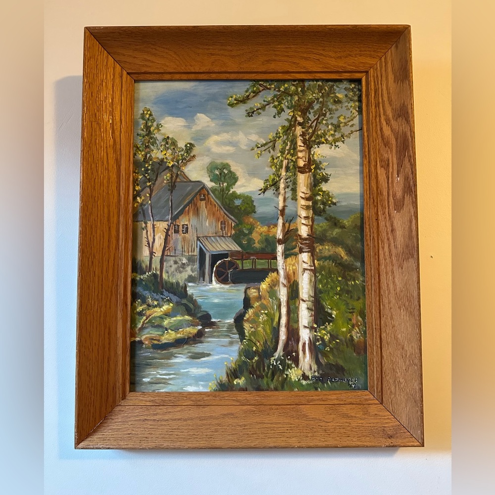 1957 Original Art Gristmill Oil On Canvas Signed Framed Mid Century